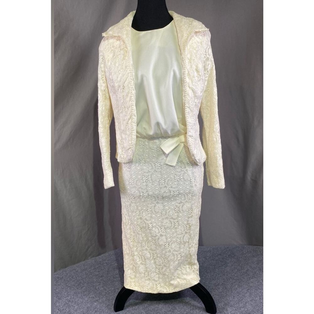 Vintage 60s Dress and Jacket Women’s 4 D’allaird’s Lace Set Midi Retro Cream